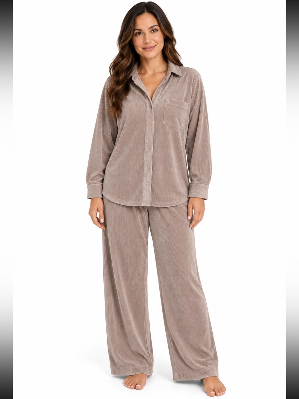 SOMA Women’s Large Velour Pajama Set Ribbed Button Down Wide Leg Taupe 2pc